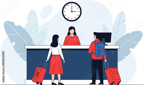 Hotel reception, guest check-in, travel scene, customer service, hospitality desk, red suitcase, receptionist uniform, lobby interaction, flat vector illustration