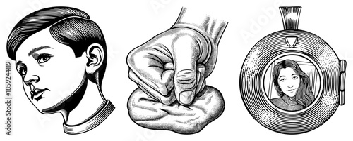 Boy profile portrait fist clenched locket portrait