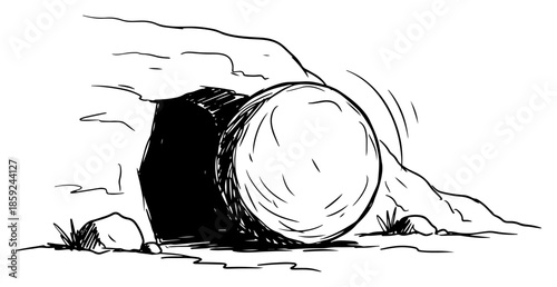 Christian empty tomb vector illustration showing the stone rolled away from the cave entrance symbolizing the resurrection of Jesus in black and white sketch style