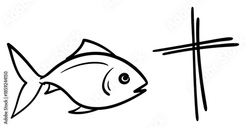 Christian symbols vector illustration depicting a fish and a holy cross drawn in a simple hand drawn sketch style representing faith and religion