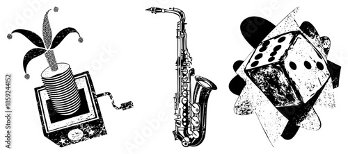 jester hat coin stack saxophone dice