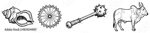 Set of Hindu religious symbols featuring conch shell chakra mace and cow vector sketch illustration for spiritual design