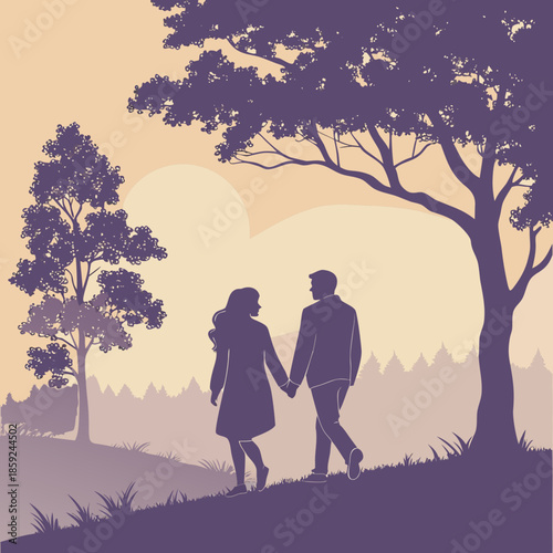 Couple walking in serene park