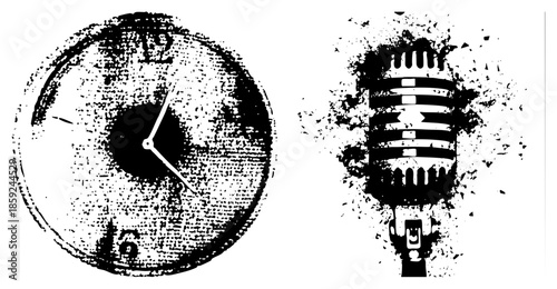 clock and microphone vintage distressed black and white
