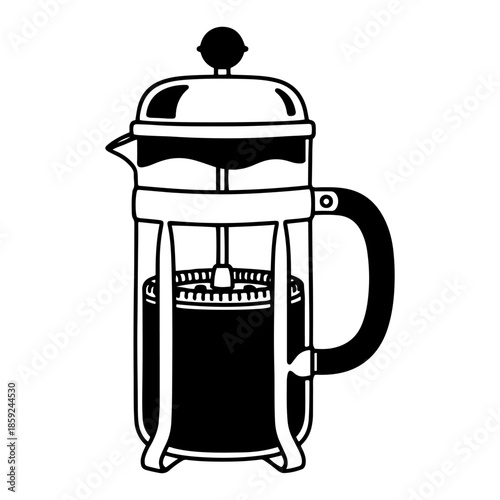 French press coffee maker vector illustration icon black and white brewing pot design for cafe or barista logo