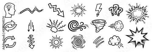 Hand drawn comic book design elements set featuring stress pain confusion symbols and weather effects vector doodle illustration