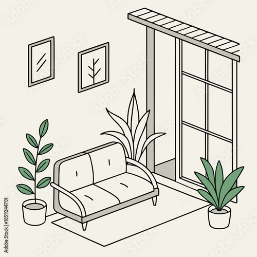 Cozy living room with plants and windows