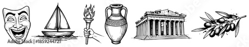 Greek Culture Symbols Collection – Hand Drawn Sketch Vector Icons Set