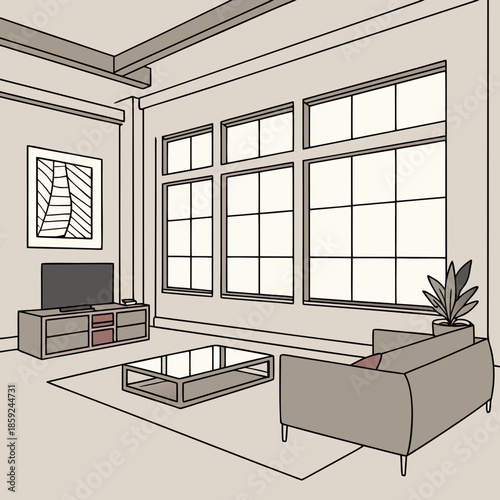Modern living room with large windows