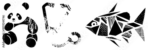 panda fish and abstract shapes black and white vector