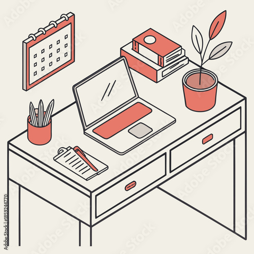 Organized workspace with laptop and plants