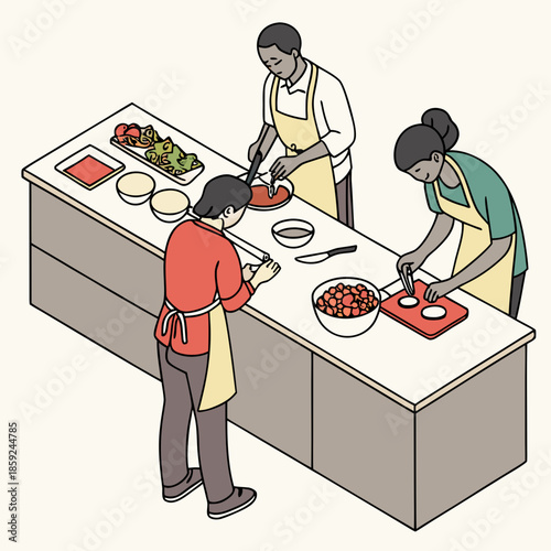 Team preparing meal together