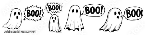 Cute cartoon ghosts vector illustration set featuring spirits with boo speech bubbles in hand drawn sketch style suitable for halloween