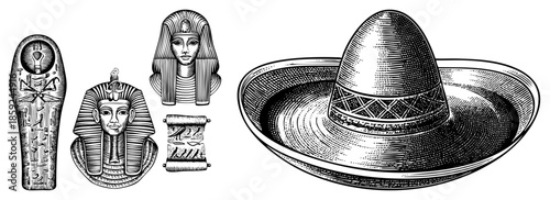 Egyptian artifacts and sombrero vector illustration