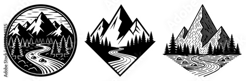 Set of mountain landscape adventure badges with forest and river in geometric shapes vector illustration