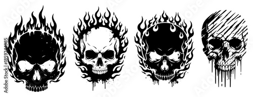 Flaming Skull Collection Line Art Vector – Fiery Horror Emblem Set