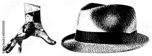 hand and fedora hat halftone illustration