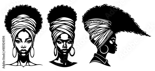 Beautiful African American woman portrait set with traditional headwrap and hoop earrings black and white vector silhouette
