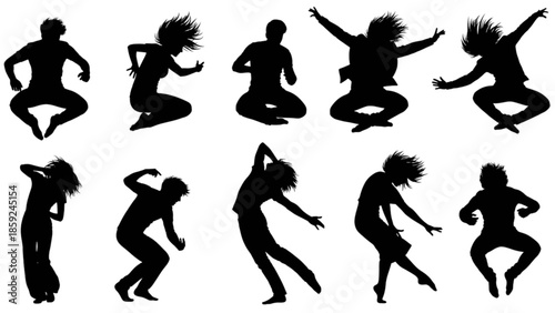 Collection of dynamic black silhouettes of people in various energetic dance and jump poses isolated on transparent background
