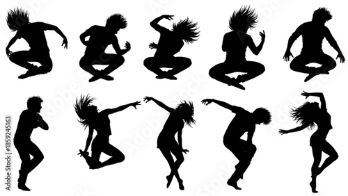 Dynamic silhouettes of contemporary and hip-hop dancers striking various energetic poses isolated on transparent background