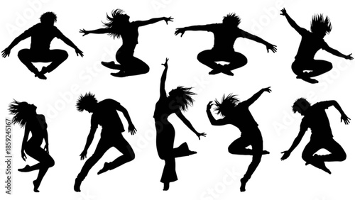 Energetic silhouettes of young people dancing and jumping in various dynamic poses isolated on transparent background