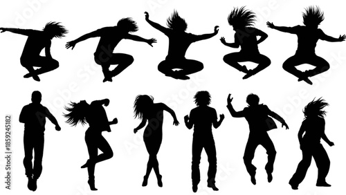 Dynamic silhouettes of diverse men and women performing energetic jumps and dance movements isolated on transparent background