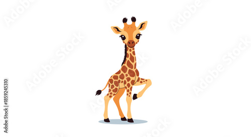 Adorable cartoon giraffe with a long neck and brown spots standing playfully with one hoof raised against a white background.