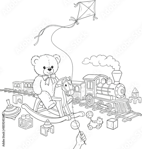 An adorable assortment of classic playroom items like a teddy bear a toy train and a flying kite