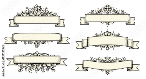 Collection of six ornate and vintage style paper banners with floral decorations and intricate details for classical design projects.