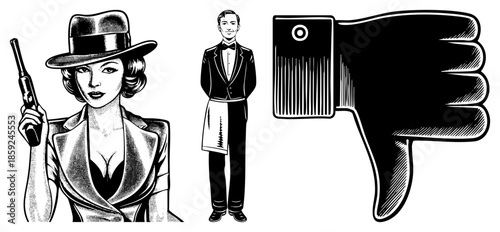 woman with gun hat man in tuxedo thumb down