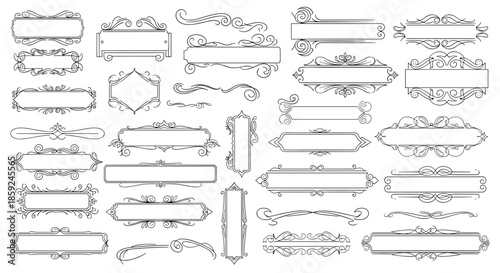 Collection of ornate vintage frames and decorative border elements featuring classic swirls and filigree designs for graphic projects.