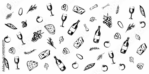 A black and white pattern of wine cheese fruit and related elements