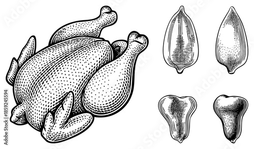 whole chicken with sunflower seeds and bone fragments