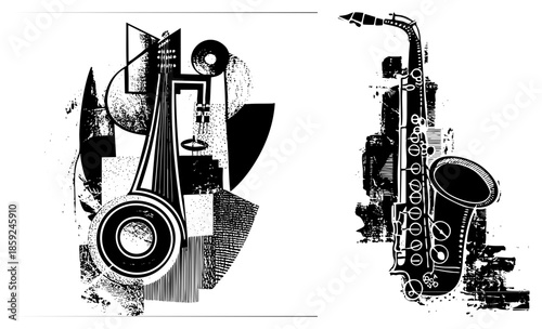 Abstract musical instruments composition black and white