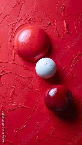 Three colorful balls arranged on a vibrant red textured background
