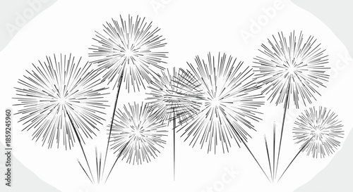 Minimalist black and white line art illustration of multiple fireworks exploding in a celebratory display for festive events.