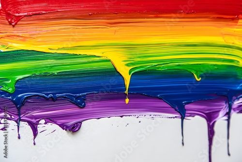 Vibrant rainbow-colored paint dripping across a white surface in bold strokes