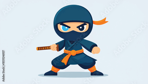 Cartoon Ninja Character with Katana Sword Ready for Action.