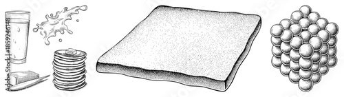 Breakfast items and abstract spheres