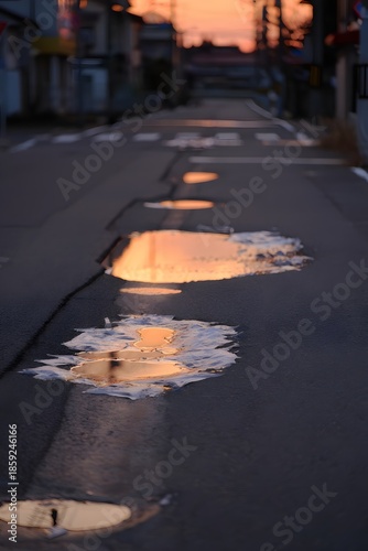 Wet urban street reflects sunset colors in puddles after rain