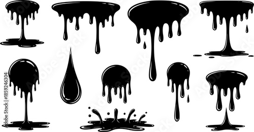 Silhouette dripping paint or black liquid melting, vector illustration set isolated on a white background. Dripping oil, cartoon style design elements collection.