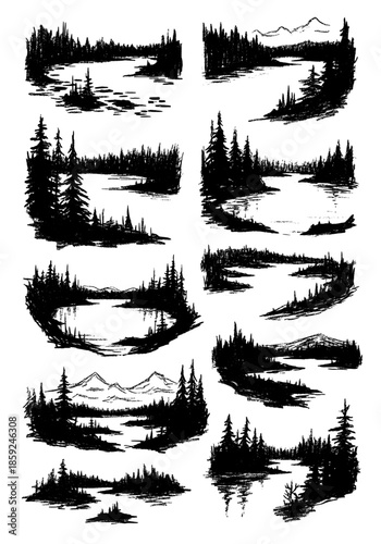 Hand-drawn black ink sketch set of coniferous forest landscapes featuring serene lakes and mountains, rustic nature scenery silhouettes for outdoor adventure projects