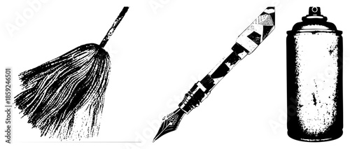 broom fountain pen spray can black and white vector illustration