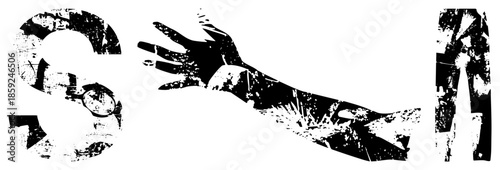 hand reaching out with distressed typography and abstract shapes