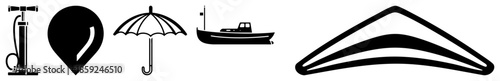 Five black silhouette pump, location pin, umbrella, boat, windshield wipers