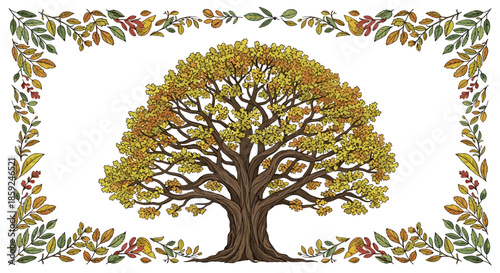 Large majestic oak tree with spreading branches surrounded by a decorative rectangular frame made of autumn leaves and berries.