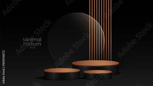 3D realistic modern luxury style shiny metallic podium stand with golden line. minimal wall scene on clean background. Use for beauty cosmetic presentation, showcase mockup
