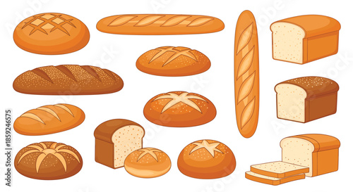 Comprehensive collection of different types of fresh bread including loaves baguettes rolls and sliced bread for a bakery display.