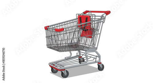 Realistic illustration of a metal shopping cart with red handles and a child seat commonly used in supermarkets and stores.