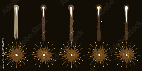 Five stages of a firework explosion from ignition to fading embers